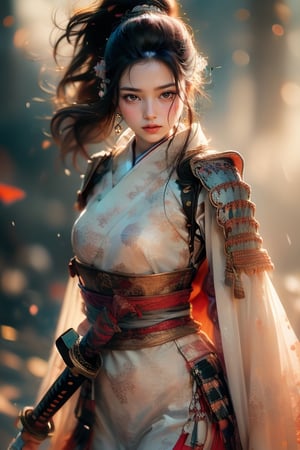 1girl, Sweet, full body, large breasts, The background is rainy day, bright autumn, battlefield fires and buning embers rizeing, most beautiful korean girl, looking at viewer, 18yo, over sized eyes, big eyes, ((Cowboy Shot: 1.5)), Female Samurai, Holding a Japanese Sword, shining bracelet, beautiful hanfu(white, transparent), cape, solo, {beautiful and detailed eyes}, calm expression, natural and soft light, delicate facial features,very small earrings, ((model pose)), Glamor body type, (neon hair:1.2), long ponytail, very_long_hair, hair past hip, curly hair, flim grain, realhands, masterpiece, Best Quality, photorealistic, ultra-detailed, finely detailed, high resolution, perfect dynamic composition, beautiful detailed eyes, eye smile, ((nervous and embarrassed)), sharp-focus, full_body, sexy pose, Samurai girl, glowing forehead, lighting, Japanese Samurai Sword (Katana),best quality, ((((NUDE)))