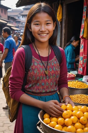 1girl, (((15yo))), A street vendor from Kathmandu with a warm and infectious smile selling vibrant products, the scene brimming with life and saturated tones, reminiscent of the bold and engaging images
,photorealistic:1.3, best quality, masterpiece,MikieHara,photo_b00ster