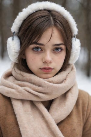 a close up of a person wearing a scarf and ear muffs, a picture, realism, fashion model, white skin color, teenager girl, portrait of arya stark, symmetric and beautiful face, with round face, girl with brown hair, fluffy'', ((((NUDE)))