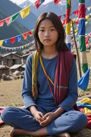 (((1girl))), (((15yo))), from a remote Himalayan village, sits cross-legged, her face aged but serene, surrounded by colorful prayer flags that fill the frame with a dreamlike quality and ethereal,
,photorealistic:1.3, best quality, masterpiece,MikieHara,photo_b00ster