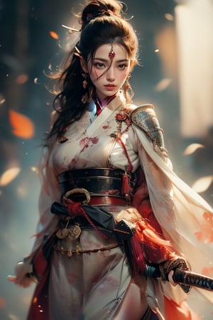 1girl, Sweet, full body, large breasts, The background is rainy day, bright autumn, battlefield fires and buning embers rizeing, most beautiful korean girl, looking at viewer, 18yo, over sized eyes, big eyes, ((Cowboy Shot: 1.5)), Female Samurai, Holding a Japanese Sword, shining bracelet, beautiful hanfu(white, transparent), cape, solo, {beautiful and detailed eyes}, calm expression, natural and soft light, delicate facial features,very small earrings, ((model pose)), Glamor body type, (neon hair:1.2), long ponytail, very_long_hair, hair past hip, curly hair, flim grain, realhands, masterpiece, Best Quality, photorealistic, ultra-detailed, finely detailed, high resolution, perfect dynamic composition, beautiful detailed eyes, eye smile, ((nervous and embarrassed)), sharp-focus, full_body, sexy pose, Samurai girl, glowing forehead, lighting, Japanese Samurai Sword (Katana),best quality, ((((NUDE)))