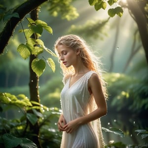 (best quality,4k,8k,highres,masterpiece:1.2),extremely detailed,wet skin blond girl,revealing wet crotch,glorious wall,portraits,realistic,soft lighting,vivid colors,ethereal,subtle textures,cool tones,water droplets,midsummer breeze,mysterious aura,serene gaze,curly golden locks,revealing white dress,golden sunlight seeping through the trees,gentle reflections,lush green surroundings,romantic atmosphere,dream-like sensation,delicate flowers in the background,shimmering dew on leaves,graceful posture,dynamic composition,dappled shadows,sublime beauty,warm and inviting,photography.