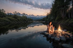 (best quality,4k,8k,highres,masterpiece:1.2),ultra-detailed,(realistic,photorealistic,photo-realistic:1.37), camping, young woman, solo, midnight, moonlight, sultry night, naked water bathing in the river, photo realistic, small glowing campfire, peaceful setting, cozy tent, starry night, serene atmosphere, nsfw, quiet and calm, beautiful nature, distant mountains, flowing river, gentle breeze, soft reflections on the water surface, vibrant colors, realistic shadows, detailed textures, glowing moonlight, flickering campfire light, delicate details of the girl's face and body, textured grass and trees, rich foliage, subtle moonlit highlights, peaceful and beautiful surroundings, tranquil ambiance, gentle ripples on the water, serene facial expressions, serene and confident, comfortable camping clothes, relaxed posture, immersive experience, well-prepared camping gear, natural beauty, harmony with nature, distant sounds of wildlife, peaceful sleep under the starry sky, magical connection with the outdoors, moments of solitude, sense of adventure, youthful energy, exploration of the wilderness, escape from the city, connection with the elements, recharging and rejuvenating, capturing memories in the wilderness.,colorful_girl_v2