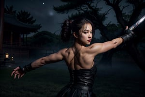 (best quality,4k,highres,masterpiece:1.2),ultra-detailed,(realistic:1.37),night,black-clad kunoichi emerging from darkness with numerous scars,stealthily dancing shadows,deadly silent,eyes gleaming with determination,strong physique,powerful presence,vivid colors,dynamic composition,sharp focus,nighttime ambiance,subtle moonlight filtering through the trees,aura of mystery and danger,high contrast lighting,striking pose,fierce expression,her weapon of choice: a shining katana,whirling winds of the night,flowing hair,deft movements,flawless agility,exquisite attention to detail,dark silhouette against the night sky,perfect harmony of strength and grace,intense atmosphere,background featuring an ancient Japanese temple shrouded in mist,an air of ancient legends and tales,majestic cherry blossom trees,faces of past ninja warriors etched on the walls,an homage to a rich history,secretive mission,unseen enemies lurking in the shadows,a thrilling adventure waiting to unfold.
