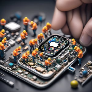 Create an detail image in which there is a group of miniature people are repairing a Apple Watch's internals,  with a tilt-shift effect to enhance realism.,,mMiniature world