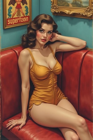 Oencil colors drawing, a stunning pinup girl reclines against a plush velvety booth, her adorable face framed by vintage posters from the 1970s. 