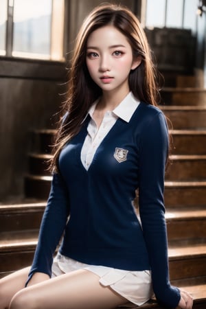 high school student,girl,school uniform,sitting on stair,Best Quality, 32k, photorealistic, ultra-detailed, finely detailed, high resolution, perfect dynamic composition, beautiful detailed eyes, sharp-focus, cowboy_shot, ,perfect split lighting