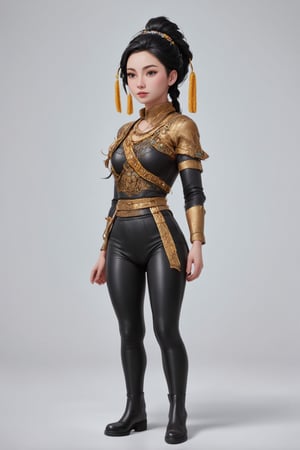 women. beautiful detailed face, black hair, pale skin, light skin, realistic skin, detailed fabric texture, detailed hair texture, perfect proportion, accurate, anatomically correct, highly detailed skin and face texture, modern, photorealistic, perfect face, hyper realism, mega realism, high quality. warrior, ancient mongolia, messy hairstyle. whole body. black pants, black boots,digital art