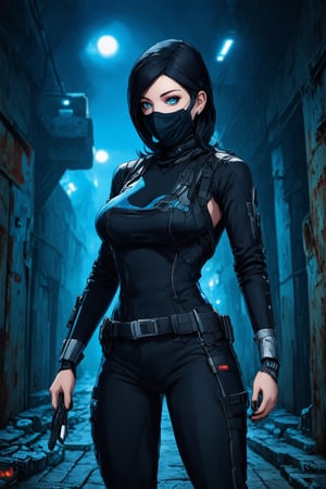 A lone Cyberpunk corporation mercenary assassin stands confidently in a dimly lit alleyway, bathed in the eerie glow of flickering neon lights that cast harsh shadows on her pale skin, accentuating its metallic sheen. Her piercing blue eyes seem to bore into the darkness, as cybernetic implants at her temples and neck subtly glisten. Behind her, secret rebels in muted attire blend seamlessly into the shadows, their masked faces obscured from view. The air is heavy with tension as this deadly mercenary stands watchful, poised to strike at any moment, amidst a backdrop of crumbling concrete and rusting machinery.