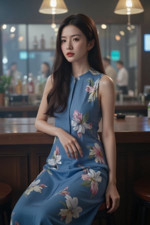 a young Asian woman is seated at a bar, her long brown hair cascades over her shoulders. She is wearing a sleeveless blue dress adorned with a floral pattern, adorned with red lipstick. She's sitting on a brown stool, her left hand resting on the bar counter, adding a touch of balance to her body. The backdrop is blurred, suggesting a bar is filled with people seated. The lighting is subdued, creating a vibrant contrast to the scene.