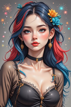 The artwork depicts a stunning, anime-style character with vibrant and intricate details. The character has striking blue eyes that stand out against her flawless, fair skin. Her hair is a captivating blend of colors, primarily dark blue with striking streaks of red and lighter blue, adding to her mesmerizing appearance. She is adorned with ornate accessories, including a blue, jewel-like headpiece that matches the embellishments in her hair and earrings, and a golden floral hairpin that contrasts beautifully with her colorful locks.

The character is dressed in a black, lacy choker and a matching outfit that showcases an elegant yet bold style. Her expression is both captivating and enigmatic, drawing the viewer in with a sense of mystery and allure. The background features a display of fireworks, adding a festive and dynamic atmosphere to the scene.

This piece showcases the artist's skill in combining elements of fantasy and elegance, creating a visually striking and emotionally engaging character. The use of color, attention to detail, and the overall composition highlight the artist's talent in creating immersive and captivating artwork.