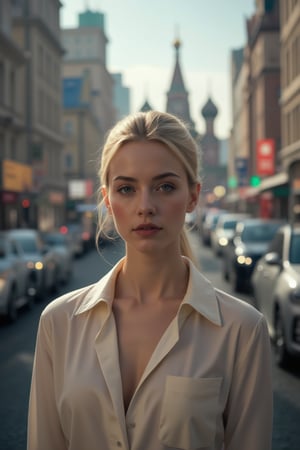 A confident blonde woman with piercing blue eyes and a chic ponytail confidently walks through the vibrant streets of Moscow, close up ,radiating sophistication and independence. Dressed in elegant attire, she captivates onlookers with her alluring presence. This cinematic GoPro photograph freezes her in motion, her graceful stride harmonizing with the backdrop of iconic landmarks and bustling city life. Amidst the urban chaos, she exudes poise and confidence, embodying modern elegance against the historic charm of Moscow's cityscape. 