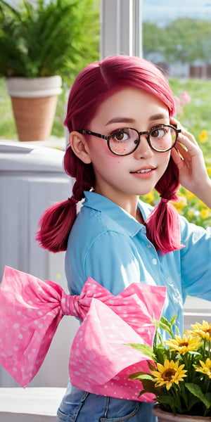 Cute innocent childlike pink-haired 14 years old girl wearing cute pink girly ribbons polka dots frills charismatic blush pigtails freckles glasses, close-up portrait, looking out of a window, farm, hay stacks, greenhouse, flower pots, plants,Wonder of Art and Beauty,Enhance,SGBB,wonder beauty ,Young beauty spirit 