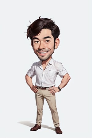 Masterpiece, high quality, full body caricature image of 1man, solo, Asian, wear white shirt. He is a famous teacher in the town., detail face to describe his professional,by the best artist,Caricature drawing style,Enhance