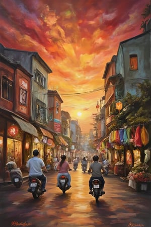 Vibrant hues of saffron and crimson dance across the canvas as the sun sets behind the ancient architecture of Saigon's old quarter. A bustling street scene unfolds before us, with motorbikes and cyclos navigating the narrow alleys amidst a kaleidoscope of colorful lanterns and billowing market fabrics. Masterpiece oil painting.