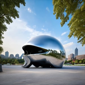 A futuristic cityscape features a striking architectural wonder: a building shaped like a gleaming silver helmet, its metallic surface reflecting the vibrant hues of the surrounding metropolis. The structure's unique design dominates the skyline, with sharp lines and angular facets creating a dramatic silhouette against a bright blue sky.,Park,Realistic Enhance