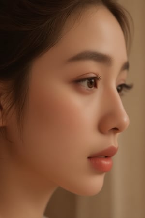 A close-up shot of a young woman's face, her eyes welling up with tears as she struggles to contain emotions of deep sadness and longing. Soft, warm lighting illuminates her features, highlighting the fine lines on her forehead and the curve of her lips. Her gaze is downward, lost in thought, as if remembering a cherished moment now forever gone.,science style,luxury style