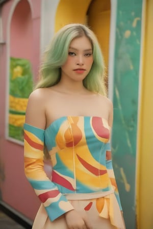 A girl has an smoothie hair , which could suggest a creative or rebellious personality. The presence of the colorful background may indicate a sense of vibrancy or action associated with the character. She wears an food inspiration outfit. The overall composition and style are indicative of a narrative-driven genre such as comics or graphic novels.,Pho