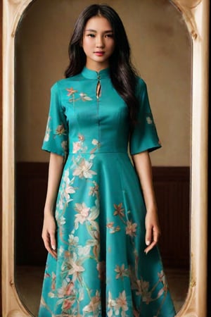 The image annotation task involves describing the content of the image. In this case, the focus is on the woman and her attire. The description should note the style and color of her dress, which is teal with a floral pattern, and her long, dark hair. It's also important to mention the tassel detail at the waist and the button at the neckline, as these are distinctive features of her outfit. Additionally, the reflection in the mirror adds depth to the image, suggesting a setting that may be related to fashion or interior design. The overall impression is one of elegance and cultural richness, possibly indicative of a traditional or ceremonial garment.