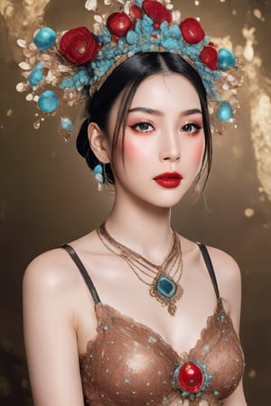 The image depicts a portrait of a person with stylized features. The individual has black hair styled in a bob cut and is adorned with an ornate headpiece featuring red and turquoise gem-like elements. The makeup is notable for its bold, red lipstick and subtle eye makeup, enhancing the person's contemplative expression. A detailed necklace with similar gem-like embellishments is visible, contributing to the overall aesthetic that suggests a blend of traditional and modern influences. The background is blurred with hints of gold tones, which serve to highlight the subject without distracting from the intricate details of the jewelry and makeup.