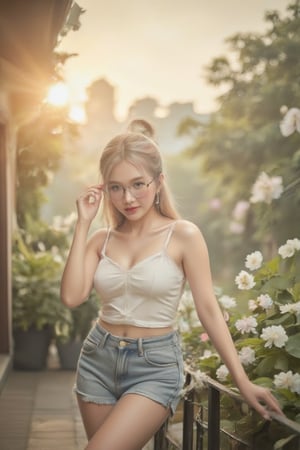 This is a real high-definition photo, a warm and cozy photo. In the photo, there is a woman standing [on a cozy balcony overlooking a peaceful garden], [[dressed in a casual outfit of a white camisole and denim shorts]. Her hair is a striking blend of pink and white, tied up in a loose bun with a few strands falling around her face. She wears a pair of stylish glasses that frame her eyes contacting to viewers, completely seductress. her lips curl into a faint smile, suggesting she is enjoying a delightful. The soft lighting of [the setting sun casts a golden glow on the scene, and the gentle breeze carries the scent of blooming flowers] [