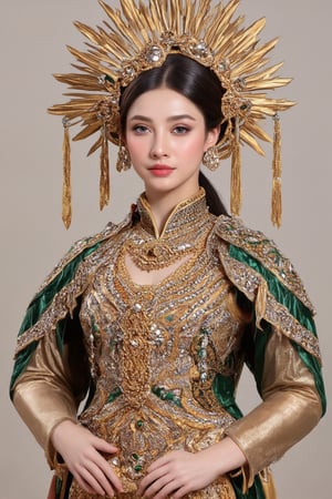 The image presented is a portrait of a young individual dressed in what appears to be a stylized historical or fantasy costume. The attire includes a headpiece resembling a sunburst, which is often associated with regal or divine status in various cultures. The jewelry and accessories suggest a high-status figure, possibly from an ancient civilization. The backdrop is neutral, ensuring that the focus remains on the subject and their elaborate attire. There are no background elements to describe as it is a solid color. The portrait is likely intended to capture the elegance and grandeur of the costume, rather than to convey a specific narrative or setting.