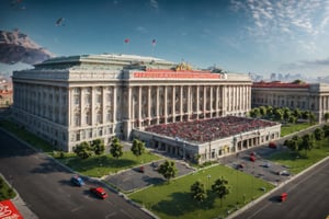 Birdview, Communists style, The Presidential Palace of a socialist country, massively built of marble, grandeur brings a sense of authority. The entire area has a security system, , along with small guard stations. hyper-realistic, 4K resolution. [reflection], [[hyper detailed]], architecture rendering, 8k, vray render, [reality effect], [regular lines] ,High detailed 