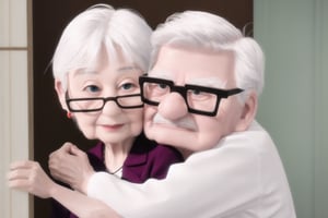  (((masterpiece))),best quality, there are a couple they are (husband and wife). They are hugging each other.
Husband: about 65yo, wear glasses.
Wife: 62yo, white hair.
,Pixar Up 2009 style,Wonder of Art and Beauty