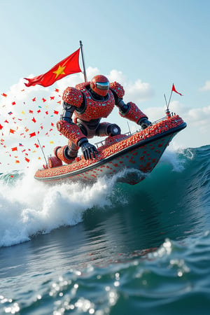 A majestic robotic vessel, crafted from countless tiny Vietnamese flags, rides the crest of massive ocean swells with precision and agility. The robot's sleek, flag-adorned form glistens in the sunlight as it navigates the turbulent waters, its mechanical limbs flexing in harmony with the waves' rhythmic crashes. A kaleidoscope of colors dances across its surface as the flags flutter in the sea breeze.