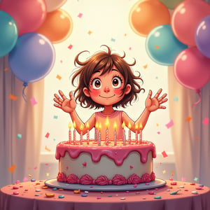 A whimsical anime scene: A little girl stands in front of a majestic, multi-tiered birthday cake adorned with 13 sparkling candles that seem to float on her outstretched hands. Her eyes shine bright with excitement as she gazes up at the colorful celebration surrounding her. Soft, pastel-colored balloons and confetti flutter around her head, creating a sense of joyous chaos.