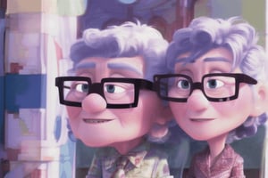 (((masterpiece))), best quality,  they are (husband and wife). They are talking when sitting on the sofa. Husband: about 65yo,  wear glasses,  white hairWife: 62yo, ,  brown hair,  doesn't wear glasses., Pixar Up 2009 style, Wonder of Art and Beauty, old_aged Pixar Up 2009 style,old_aged Pixar Up 2009 style