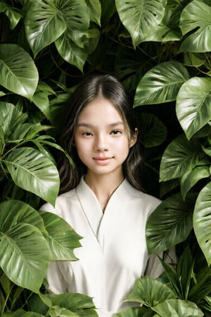 In the image, a young woman is the central figure, surrounded by lush green foliage that suggests a natural, possibly tropical environment. Her attire is minimalistic, with a white garment that adds to the serene and untouched aesthetic of the photograph. The woman's gaze is directed towards the camera, and her expression is one of calm and composure. The leaves encircling her create a frame around her face, emphasizing her presence while also drawing attention to the rich textures and colors of the surrounding vegetation. The overall impression is one of harmony between the subject and her environment, captured in a moment of quiet beauty.,1girl