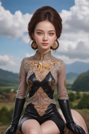 (masterpiece, best quality, 1 girl, solo, exquisite details, chromatic aberration, realistic,) :1.4), yellow eyes, earrings, piercing eyes, choker, saddle jacket, Riding breeches, riding boots, (symmetrical eyes), (perfect symmetrical body), horse riding, look at the beholder, 2b, beautiful legs, competitive horse riding, lvdress