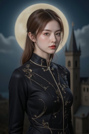 Elegantism, opulent scene, full portrait of a Victorian lady, heroic, black clothes, gold trim, full moon, castle, head and shoulders portrait, 8k resolution. (masterpiece, top quality, best quality, official art, beautiful and aesthetic:1.2), (1girl:1.4), upper body, blonde hair, portrait, extreme detailed, in the style of esao andrews,style,oil paint ,concept,fantasy,luxury style,Perfect fashion