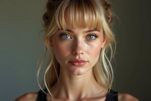 young female made from cate blanchett margot robbie blend,  long ponytail, long bangs, long lashes, modelshoot style, super realistic,  4k,  expert lighting,  perfect symmetry, Realism, Makeup, Face makeup,,,
