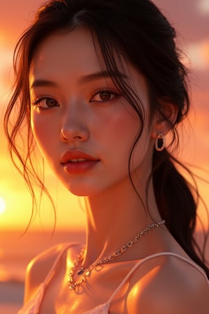 A masterpiece of ultra-realistic illustration, featuring a stunning 23-year-old girl with exquisite details and textures, set against a warm tone that radiates soft, natural volumetric cinematic lighting. Vibrant colors dance across her features, as if captured in the midst of a breathtaking sunset. The composition is perfect, with intricate, insanely detailed renderings that seem to leap off the page. Imagine an 8K artistic photography piece come to life, where photorealistic concept art meets stunningly beautiful and aesthetically pleasing design.