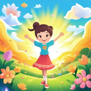 A charming cartoon scene featuring one girl, depicted in a lively, animated style. She stands center-frame, exuding joy with her arms outstretched and a big, beaming smile. The background is a vibrant, colorful landscape, with playful elements like cartoon flowers and cheerful clouds. The lighting is bright and sunny, adding to the whimsical atmosphere. The composition highlights her expressive face and the fun, exaggerated details of the cartoon environment, creating a delightful and engaging visual story.