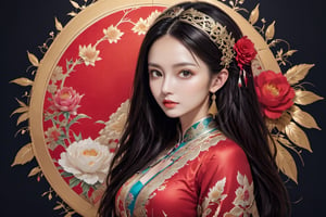 official art, unity 8k wallpaper, ultra detailed, beautiful and aesthetic, beautiful, masterpiece, best quality, (zentangle, mandala, tangle, entangle:0.4) The artwork features a fantasy chinese empress with the most sumptuous wedding hanfu dress made of (red silk:1.8) and richly embroidered with gold and silver threads, intricately carved golden badges and tassels, very large sleeves, golden jewels, along with an assortment of different floral patterns spread throughout. Finely intricated magic circles, (Intricately carved marble background:1.8). (woman, very long hair, full body shot, majestic pose ) ,horror,Enhanced All,xxmix_girl,Vibrant colors palettes