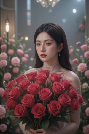 A stunning woman stands within a lush flower store, her beauty eclipsed only by the vibrant bouquet of hundreds of tightly clustered red roses she holds. The crimson petals and dark green leaves form a striking sphere, radiating against the bright, balanced lighting that fills the space. Her dress is a beautiful complement to the flowers, as she occupies the top half of the image, surrounded by the lush greenery and delicate blooms.,pink art