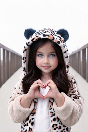 A young girl with dark hair framing her heart-shaped face, gray eyes sparkling like moonlight on a foggy night, and a scattering of freckles across the bridge of her nose. She stands confidently in front of a crisp white background, wearing a fuzzy jacket open to reveal a vibrant animal-print hood beneath.,wonder beauty