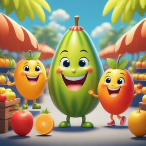 A vibrant cartoon scene in the Fruit World, showcasing a bustling market with anthropomorphic fruits in lively action. The framing captures a wide shot of the colorful marketplace, with bright, cheerful lighting highlighting the animated fruits. The composition includes a variety of fruits engaged in different activities: apples haggling at a stand, bananas performing acrobatics, and oranges playing musical instruments. The background features a whimsical fruit-themed landscape, with a clear blue sky and lush green trees.