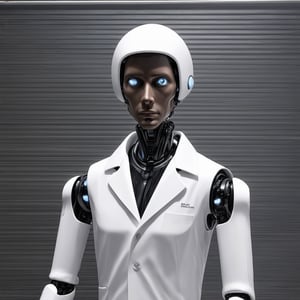 A solitary humanoid robot, with dark-skinned facial features prominently showcased, stands firm against a modern metallic backdrop. The robot's slender figure is dressed in a crisp white lab coat, evoking a sense of innovation and intellectual curiosity. Its eyes seem to gleam with an air of confidence as it prepares to take on the world, embodying the essence of scientific ingenuity.