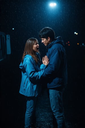 European, two young people, masterpiece, top quality, young man and girl are very in love with each other, both 28 years old. Under the rain, the girl is wearing a raincoat and jeans underneath, the man is wearing a blue jacket and jeans, an extremely sad and emotional scene in the night intercity ((at the bus terminal)). girl is about to break up with her boyfriend, their hands are about to be separated from each other, shot from outside, woman about to be left alone, rain, ((terminal)) man waves to the girl from inside the bus and the girl cries very emotionally, drenched, professional professionalism, crooked, both, facing viewer, seen to viewer, live 8k, ultra realistic, night, upper body, photo r3al, shooting star, photo r3al