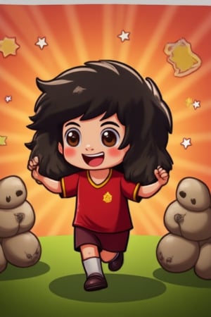 A young Vietnamese football enthusiast, with messy black hair and bright brown eyes, stands proudly in his backyard field, ball at feet, as the sun sets behind him, casting a warm orange glow. He's surrounded by posters of his idols on the walls, inspiring his dreams to join Vietnam National Team. As he grows up, his skills improve, and he becomes a superstar in the Vietnamese football scene.