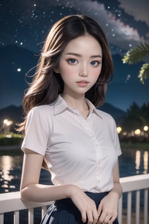 masterpiece, best quality, 1 girl, solo, ((an extremely delicate and beautiful)),school uniform, italian girl ,age 18, milky white skin,beautiful detailed eyes, at night , beautiful starry sky, ,Enhance,Add Art more,NDP