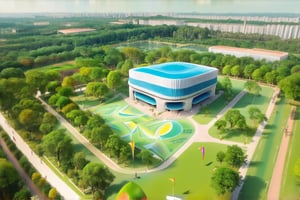 It generates an aerial view image of a edutaintment park, modern architectures, trees, Vietnam, flying kites, sunlight, full hd 