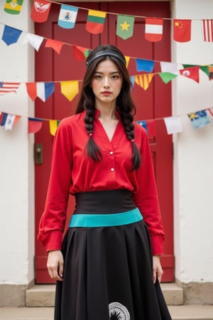 a woman dressed in a native american costume stands in front of a backdrop of colorful flags. The woman's costume is adorned with a black headband, a red long sleeve shirt, and a black skirt with a teal stripe down the center of the skirt. The skirt also features a white design on the front, adding a touch of color to the scene. The backdrop is a stark white wall, with a red door in the background.