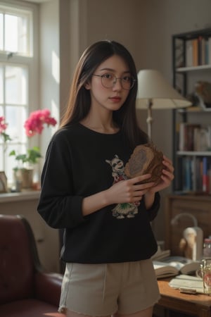 A young woman with olive skin, wearing a black sweatshirt with a cartoon graphic, glasses, and light shorts, stands in a sunlit room. She holds a small, intricately carved wooden box, her eyes wide with curiosity. A soft, warm light from a window to her left casts a gentle glow, creating soft shadows and a cozy atmosphere. The room is filled with vintage furniture and books, adding a nostalgic feel. The scene is inspired by Wes Anderson's visual style, with a slightly desaturated color palette and a touch of film grain, enhancing the whimsical and intimate mood.,cyborg,teenager