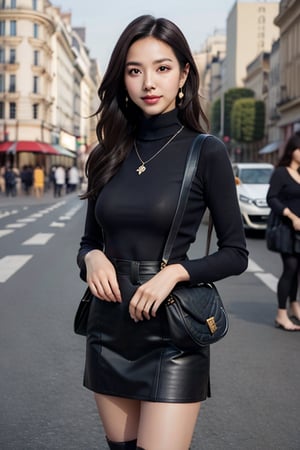 background is street,the Arc de Triomphe,triumphal arch,Paris,
18 yo, 1 girl, beautiful korean girl,
wearing tight black sweater(turtle neck,simple),tight leather short skirt,black long boots,shoulder bag, smile, solo, {beautiful and detailed eyes}, dark eyes, calm expression, delicate facial features, ((model pose)), Glamor body type, (dark hair:1.2), simple tiny earrings, simple tiny necklace,very_long_hair, hair past hip, bangs, curly hair, flim grain, realhands, masterpiece, Best Quality, 16k, photorealistic, ultra-detailed, finely detailed, high resolution, perfect dynamic composition, beautiful detailed eyes, eye smile, ((nervous and embarrassed)), sharp-focus, full_body, cowboy_shot,Enhance