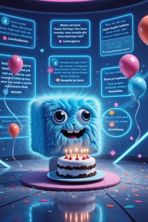 A futuristic space station background featuring a vibrant blue cube-shaped mascot, surrounded by swirling stars and neon light, is adorned with colorful confetti and balloons, beaming with joy as it holds a giant cake with candles lit. The room is filled with holographic screens displaying a flurry of birthday greetings from around the world in various languages, represented by scrolling emails and letters, creating a whimsical and celebratory atmosphere.,TentenTenten,anime